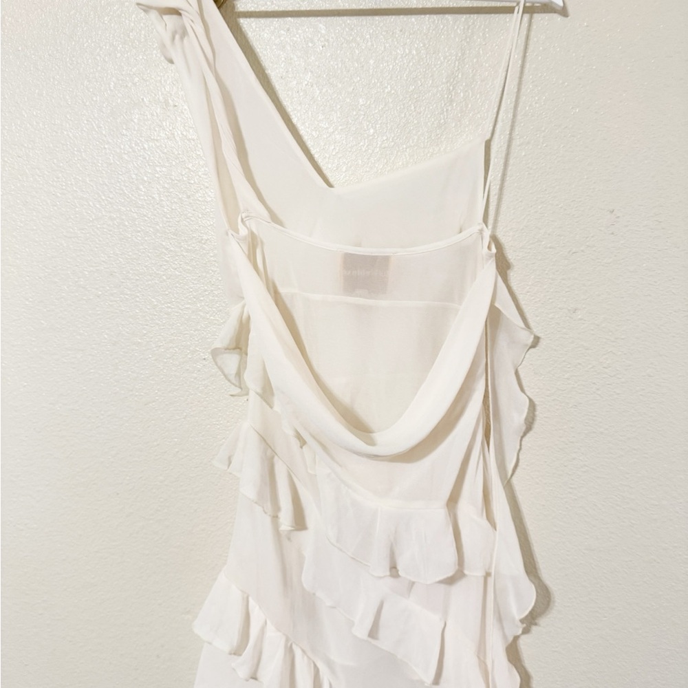 Bubish Willow Asymmetrical High Slit Side Drape Ruffle Rosette Dress in White - Picture 9 of 10